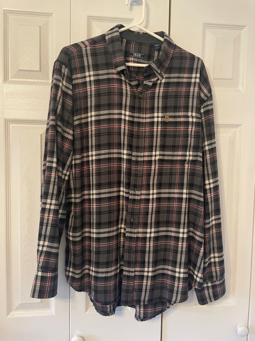 Izod Black Gray White Plaid Button-Down Shirt with Subtle Red Stripe
